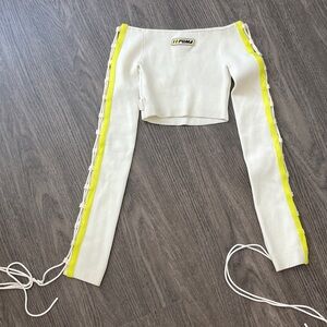 Puma x Fenty White Crop Top with Yellow Sleeve Stripes